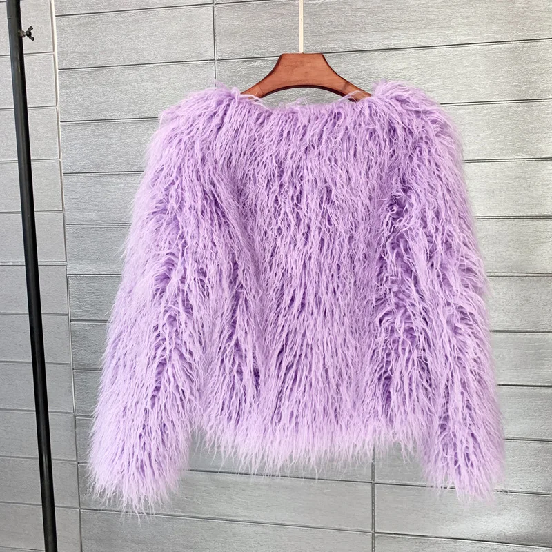 Women's Fur Coat Colorful Furry Pink Lamb Wool Faux Fur Coat Female Shaggy Sheepskin Coat Winter Artificial Fur Jacket