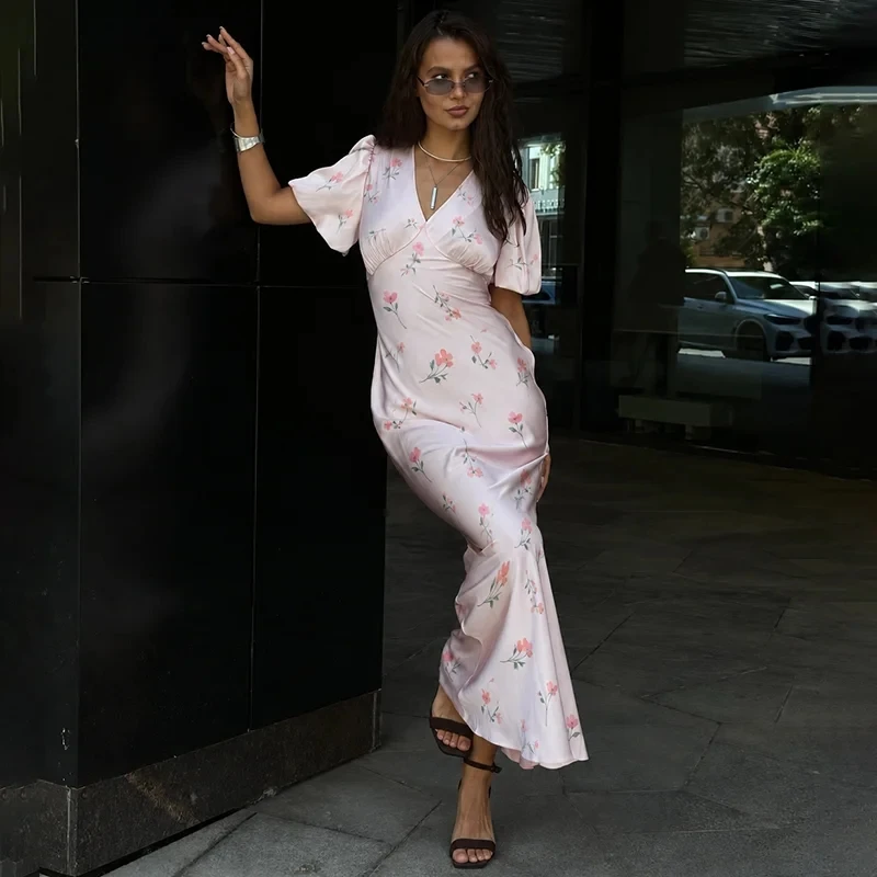 TARUXY Stylish Printed Maxi Dress Women Elegant Slim V-Neck Short-Sleeve Evening Dress Summer New Casual Commuter Female Dress
