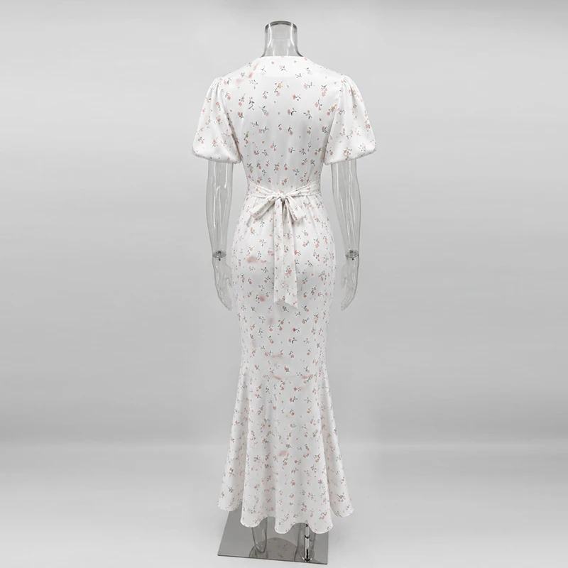 TARUXY Stylish Printed Maxi Dress Women Elegant Slim V-Neck Short-Sleeve Evening Dress Summer New Casual Commuter Female Dress