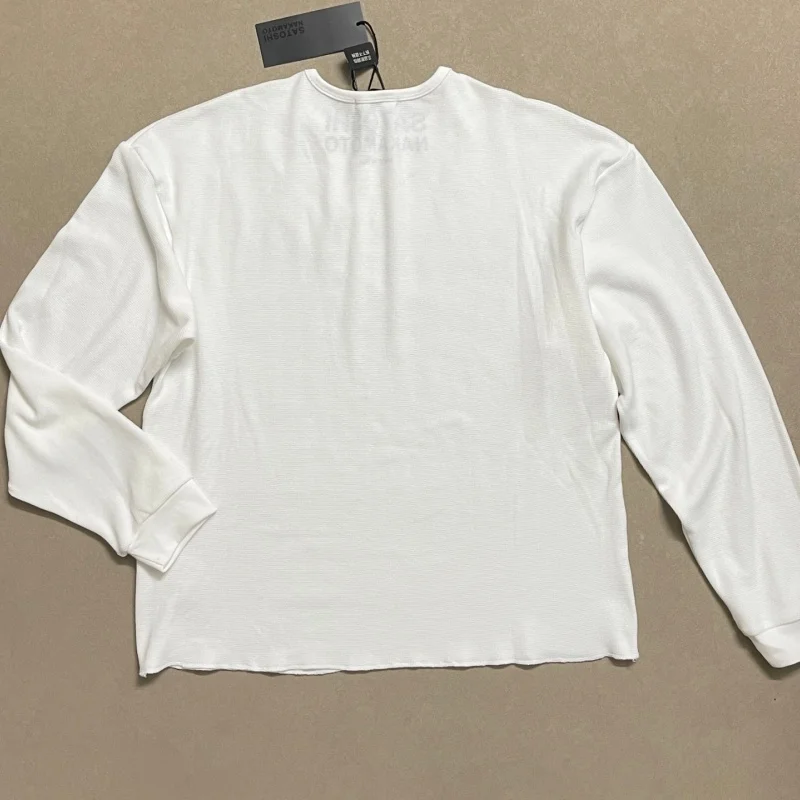 Men Waffle Knit Long Sleeve T-Shirt Satoshi Nakamoto Boxy Distressed Vintage Block Letter Front Print Tops
