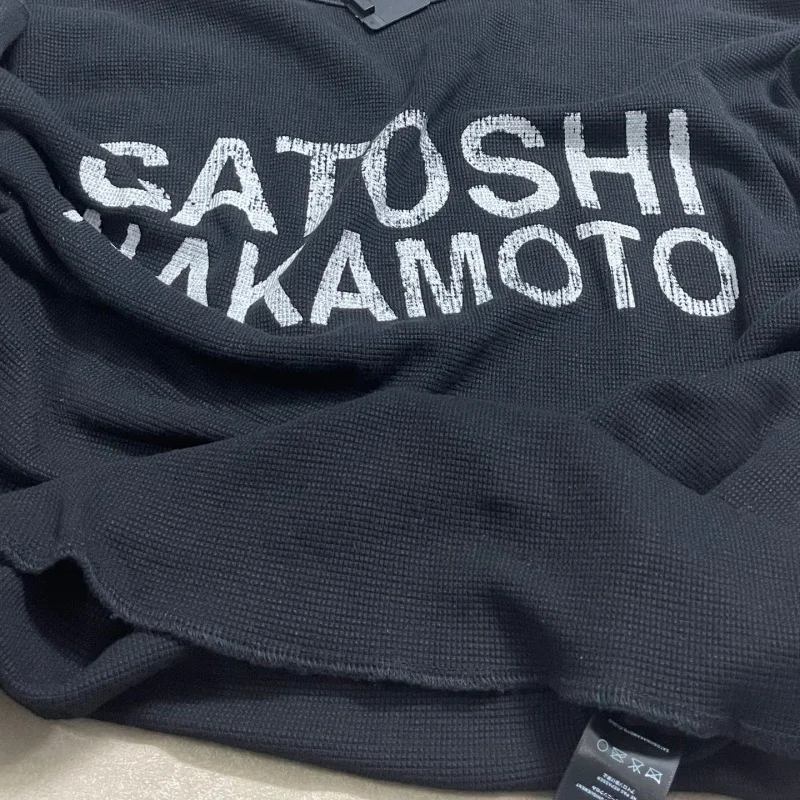 Men Waffle Knit Long Sleeve T-Shirt Satoshi Nakamoto Boxy Distressed Vintage Block Letter Front Print Tops