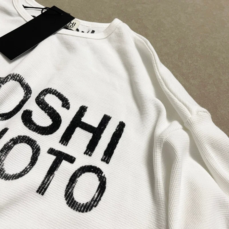 Men Waffle Knit Long Sleeve T-Shirt Satoshi Nakamoto Boxy Distressed Vintage Block Letter Front Print Tops