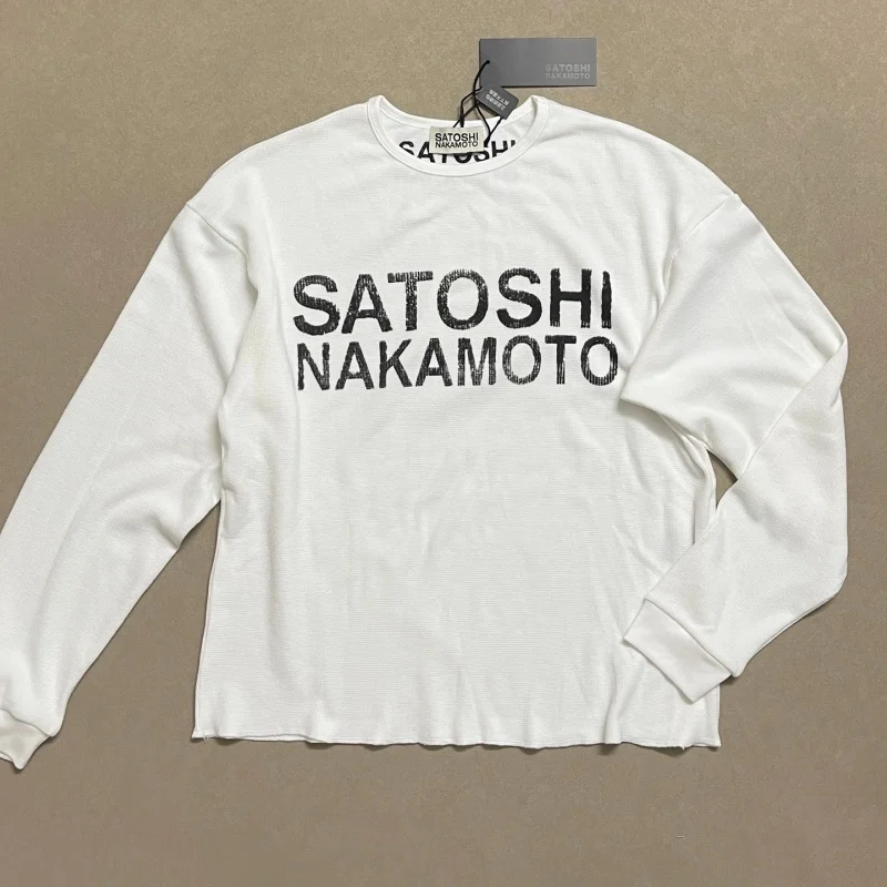 Men Waffle Knit Long Sleeve T-Shirt Satoshi Nakamoto Boxy Distressed Vintage Block Letter Front Print Tops