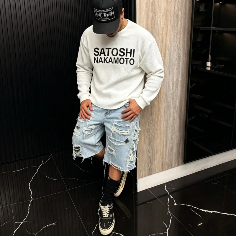 Men Waffle Knit Long Sleeve T-Shirt Satoshi Nakamoto Boxy Distressed Vintage Block Letter Front Print Tops