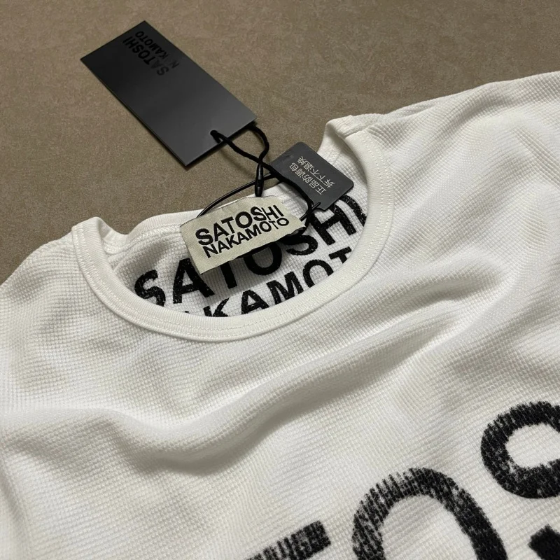 Men Waffle Knit Long Sleeve T-Shirt Satoshi Nakamoto Boxy Distressed Vintage Block Letter Front Print Tops
