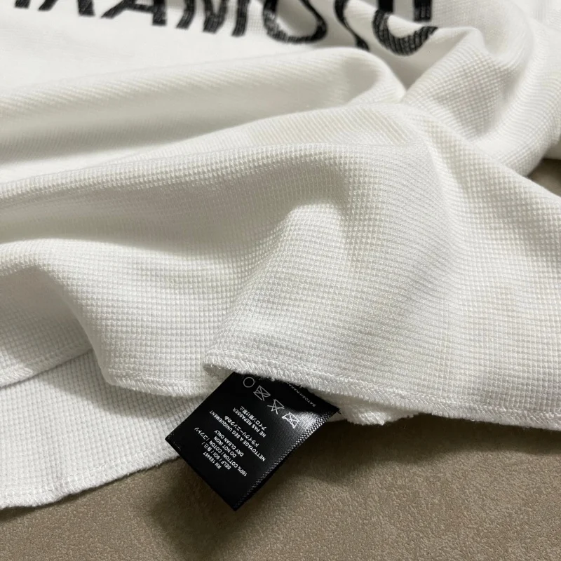 Men Waffle Knit Long Sleeve T-Shirt Satoshi Nakamoto Boxy Distressed Vintage Block Letter Front Print Tops