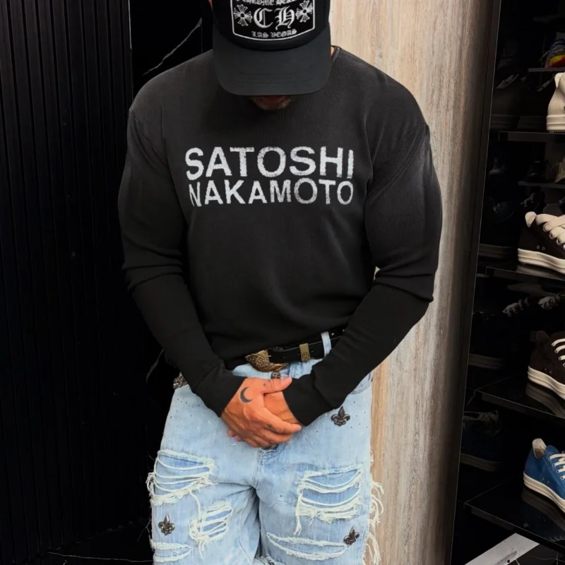 Men Waffle Knit Long Sleeve T-Shirt Satoshi Nakamoto Boxy Distressed Vintage Block Letter Front Print Tops