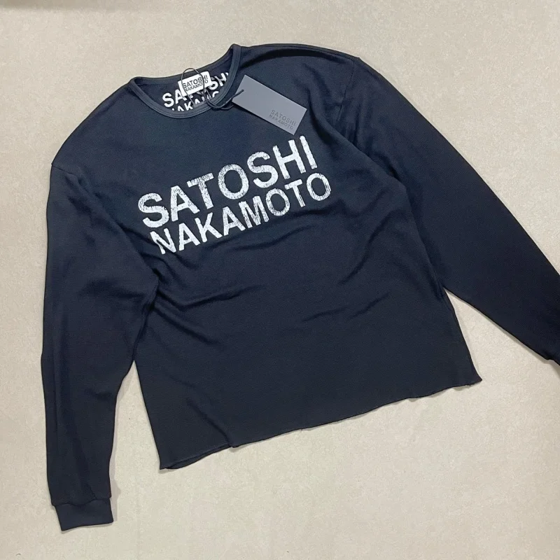 Men Waffle Knit Long Sleeve T-Shirt Satoshi Nakamoto Boxy Distressed Vintage Block Letter Front Print Tops
