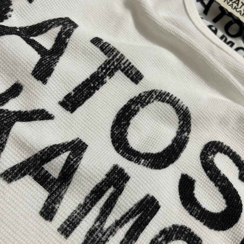 Men Waffle Knit Long Sleeve T-Shirt Satoshi Nakamoto Boxy Distressed Vintage Block Letter Front Print Tops