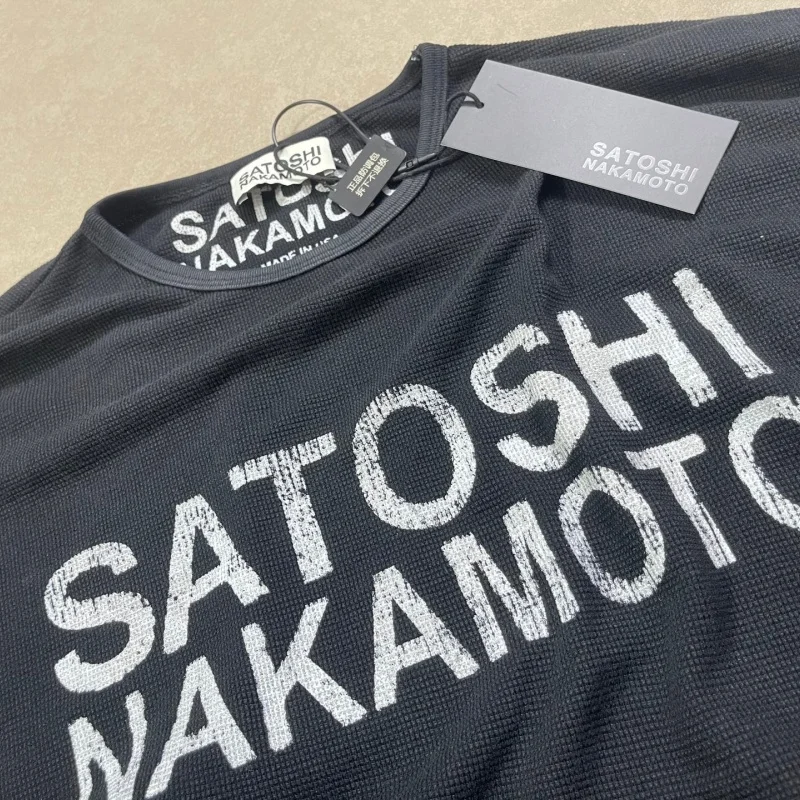 Men Waffle Knit Long Sleeve T-Shirt Satoshi Nakamoto Boxy Distressed Vintage Block Letter Front Print Tops