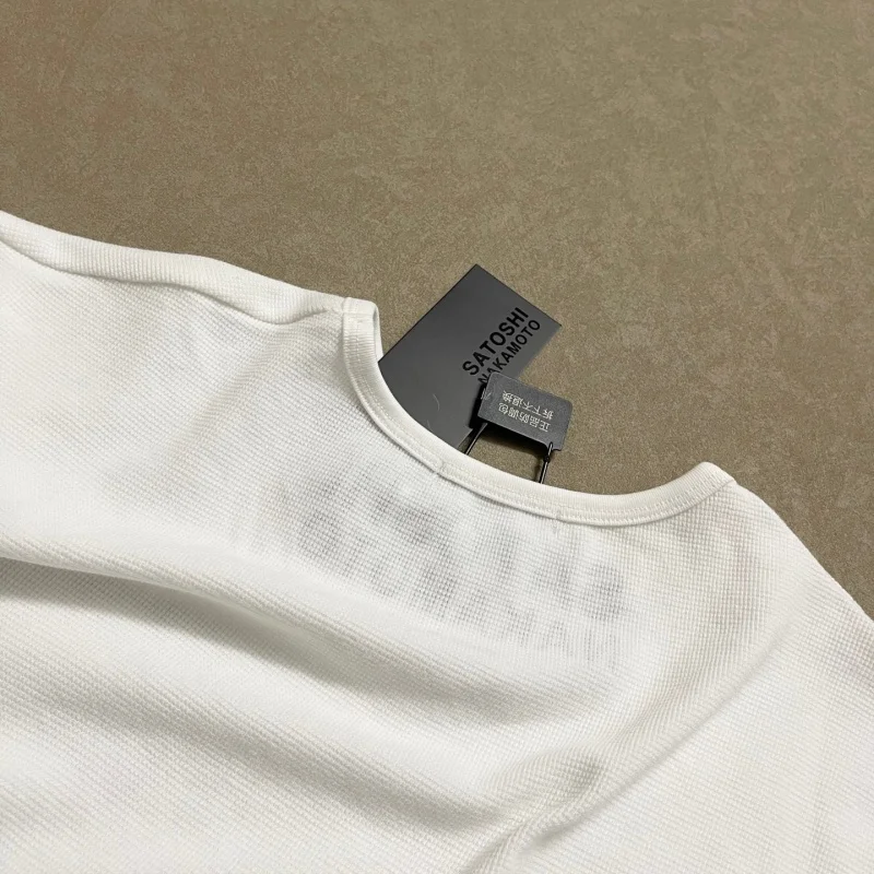 Men Waffle Knit Long Sleeve T-Shirt Satoshi Nakamoto Boxy Distressed Vintage Block Letter Front Print Tops