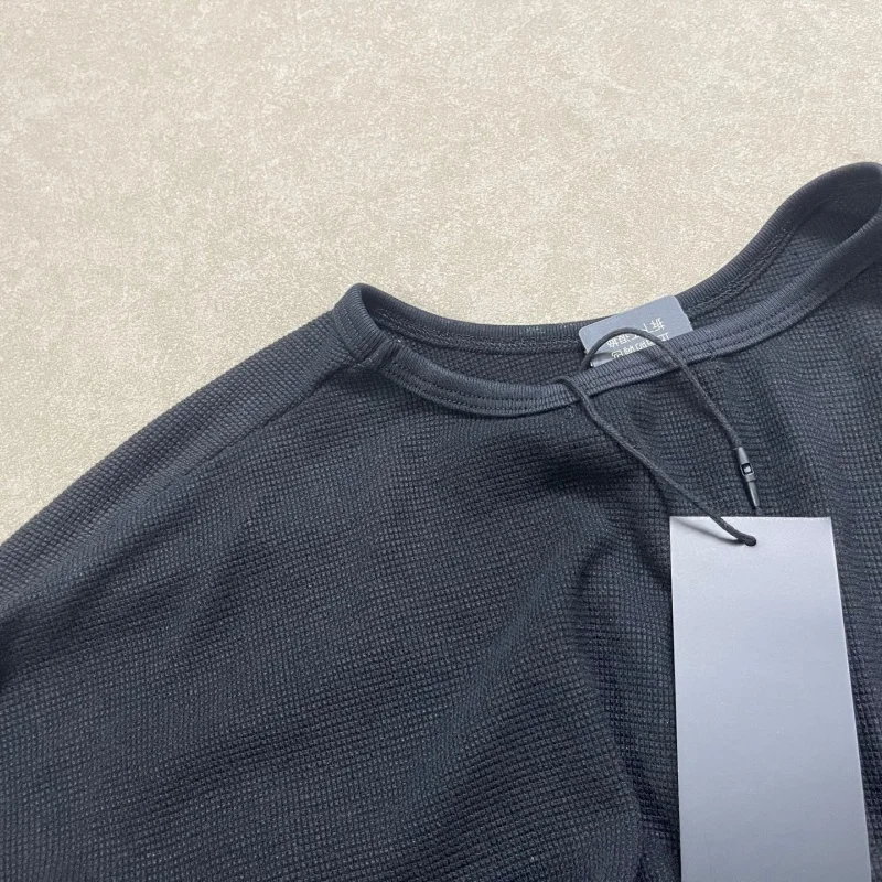 Men Waffle Knit Long Sleeve T-Shirt Satoshi Nakamoto Boxy Distressed Vintage Block Letter Front Print Tops