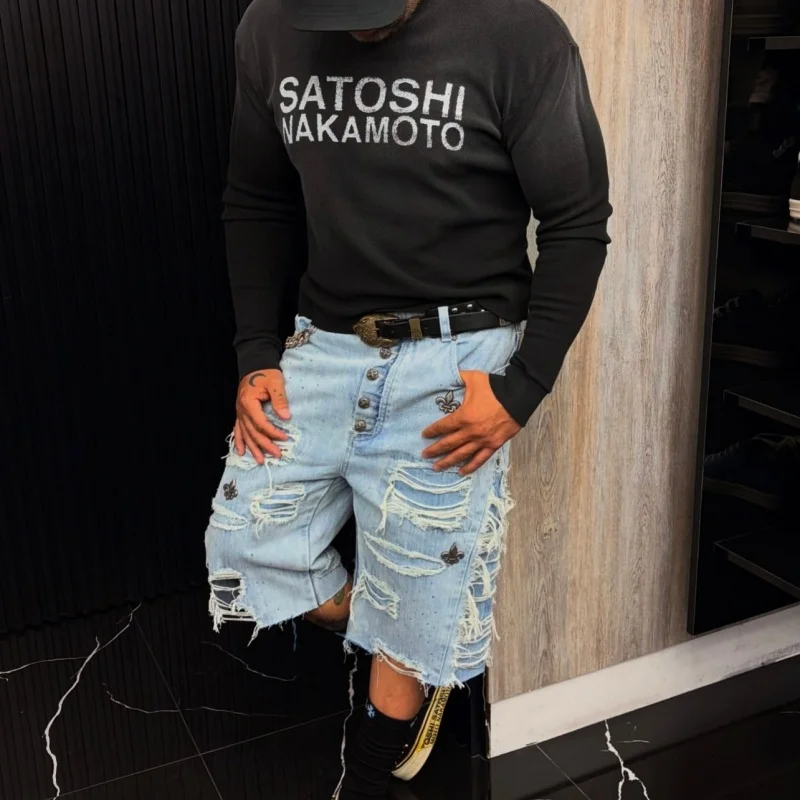 Men Waffle Knit Long Sleeve T-Shirt Satoshi Nakamoto Boxy Distressed Vintage Block Letter Front Print Tops