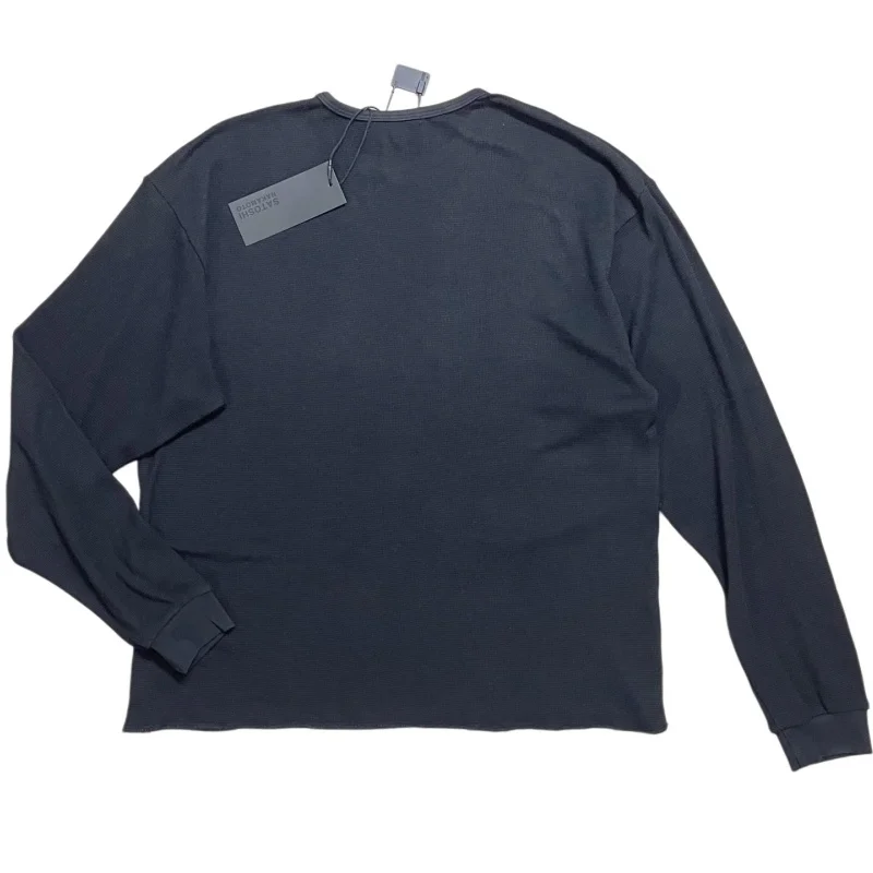 Men Waffle Knit Long Sleeve T-Shirt Satoshi Nakamoto Boxy Distressed Vintage Block Letter Front Print Tops