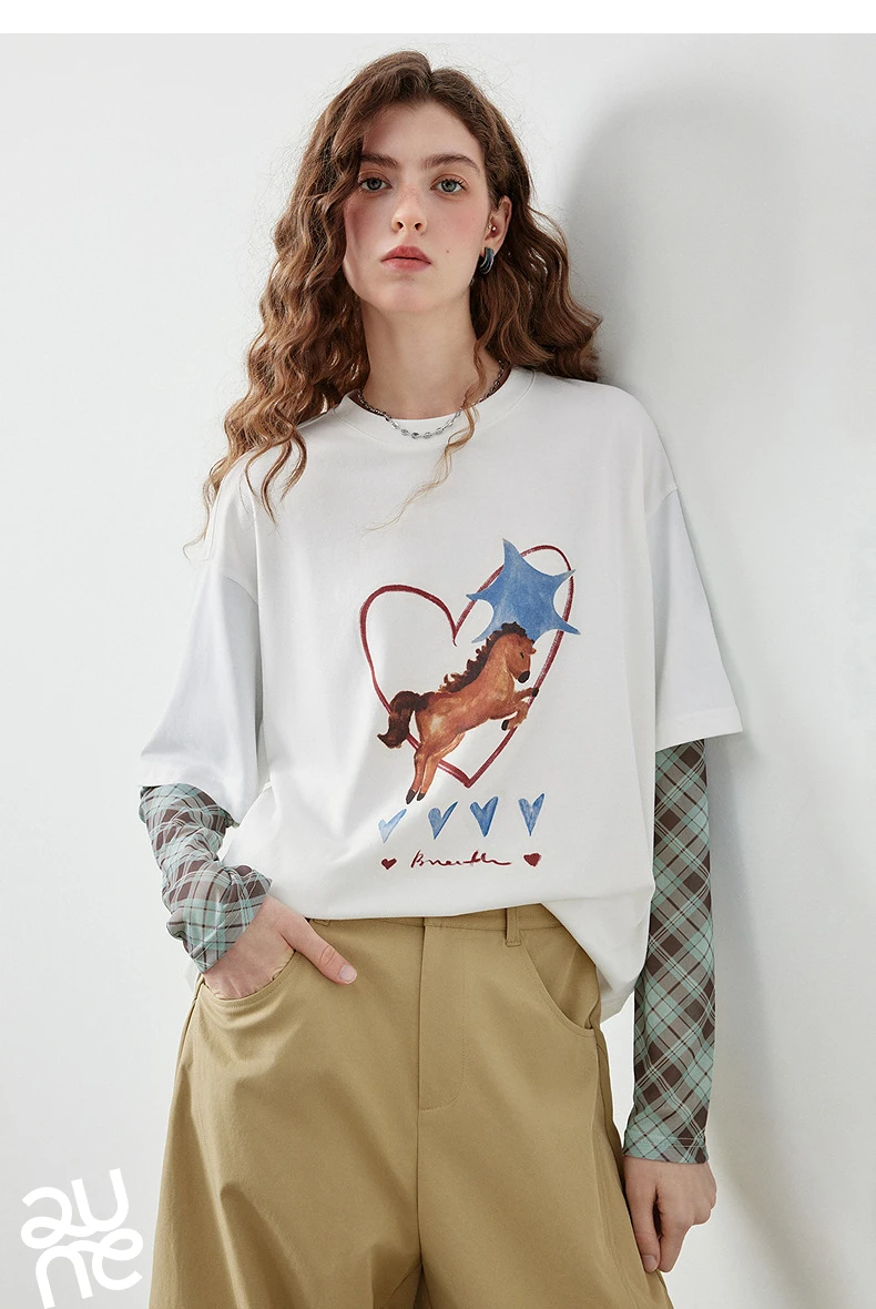 TOYOUTH Women's Long Sleeve T Shirt 2026 Autumn New Cotton Fake Two Piece Splicing Loose Drop Shoulder Urban Nomadic Casual Tops