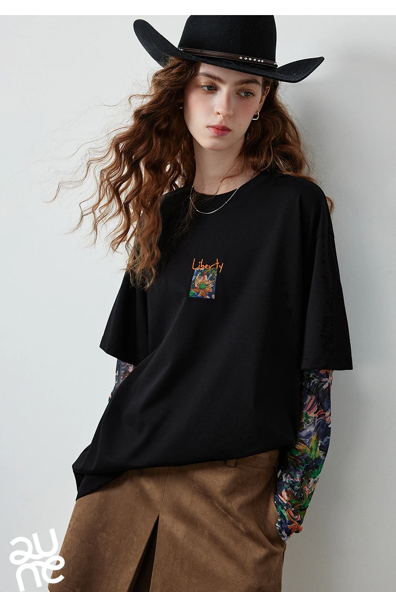 TOYOUTH Women's Long Sleeve T Shirt 2026 Autumn New Cotton Fake Two Piece Splicing Loose Drop Shoulder Urban Nomadic Casual Tops