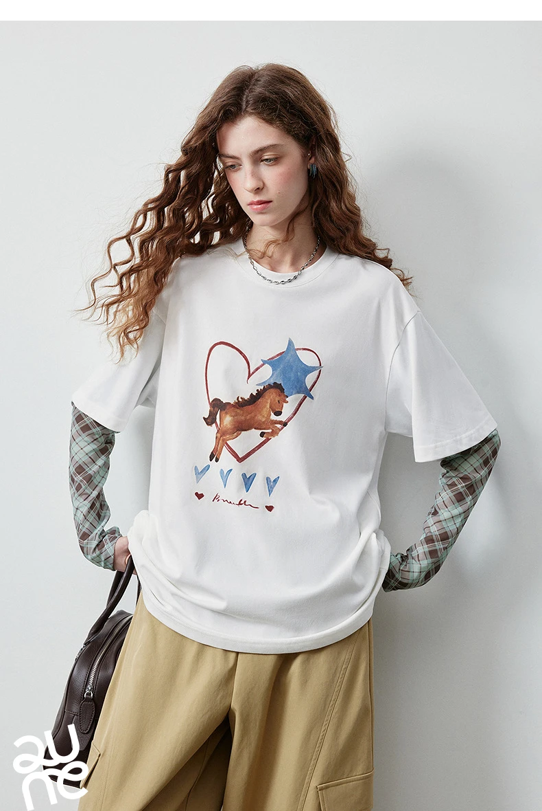 TOYOUTH Women's Long Sleeve T Shirt 2026 Autumn New Cotton Fake Two Piece Splicing Loose Drop Shoulder Urban Nomadic Casual Tops
