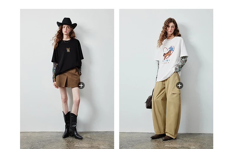 TOYOUTH Women's Long Sleeve T Shirt 2026 Autumn New Cotton Fake Two Piece Splicing Loose Drop Shoulder Urban Nomadic Casual Tops