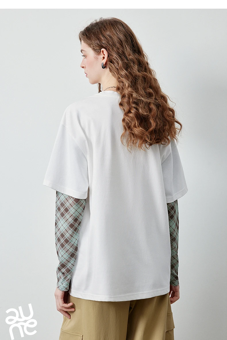 TOYOUTH Women's Long Sleeve T Shirt 2026 Autumn New Cotton Fake Two Piece Splicing Loose Drop Shoulder Urban Nomadic Casual Tops