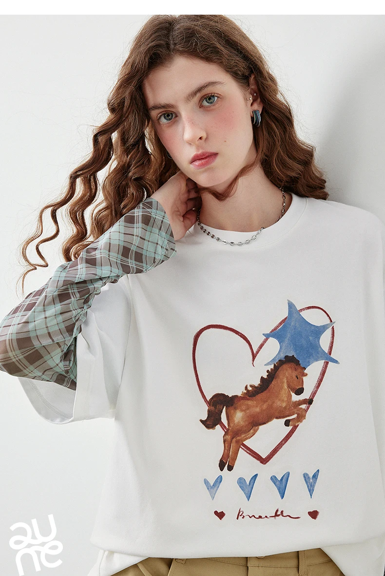 TOYOUTH Women's Long Sleeve T Shirt 2026 Autumn New Cotton Fake Two Piece Splicing Loose Drop Shoulder Urban Nomadic Casual Tops