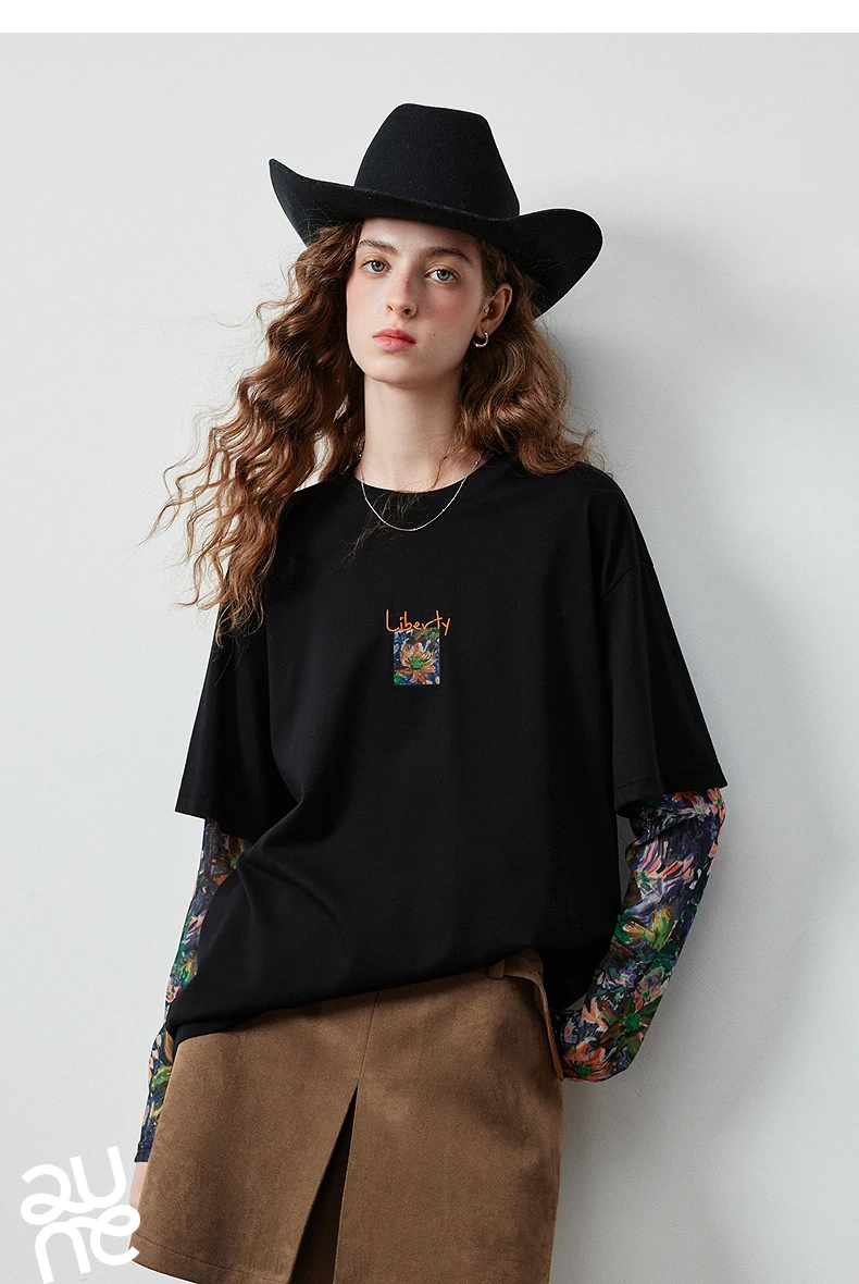TOYOUTH Women's Long Sleeve T Shirt 2026 Autumn New Cotton Fake Two Piece Splicing Loose Drop Shoulder Urban Nomadic Casual Tops