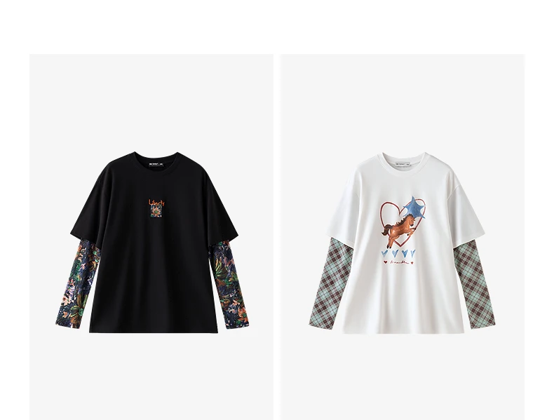TOYOUTH Women's Long Sleeve T Shirt 2026 Autumn New Cotton Fake Two Piece Splicing Loose Drop Shoulder Urban Nomadic Casual Tops
