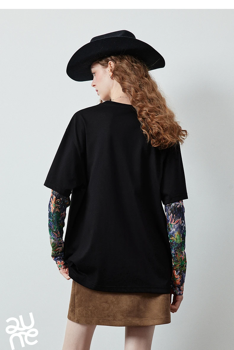 TOYOUTH Women's Long Sleeve T Shirt 2026 Autumn New Cotton Fake Two Piece Splicing Loose Drop Shoulder Urban Nomadic Casual Tops