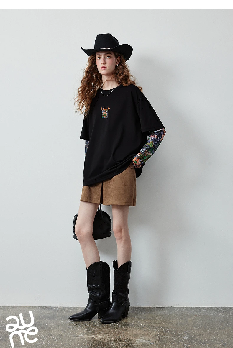 TOYOUTH Women's Long Sleeve T Shirt 2026 Autumn New Cotton Fake Two Piece Splicing Loose Drop Shoulder Urban Nomadic Casual Tops