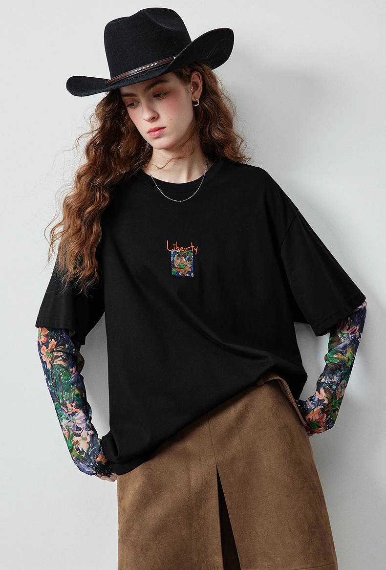 TOYOUTH Women's Long Sleeve T Shirt 2026 Autumn New Cotton Fake Two Piece Splicing Loose Drop Shoulder Urban Nomadic Casual Tops