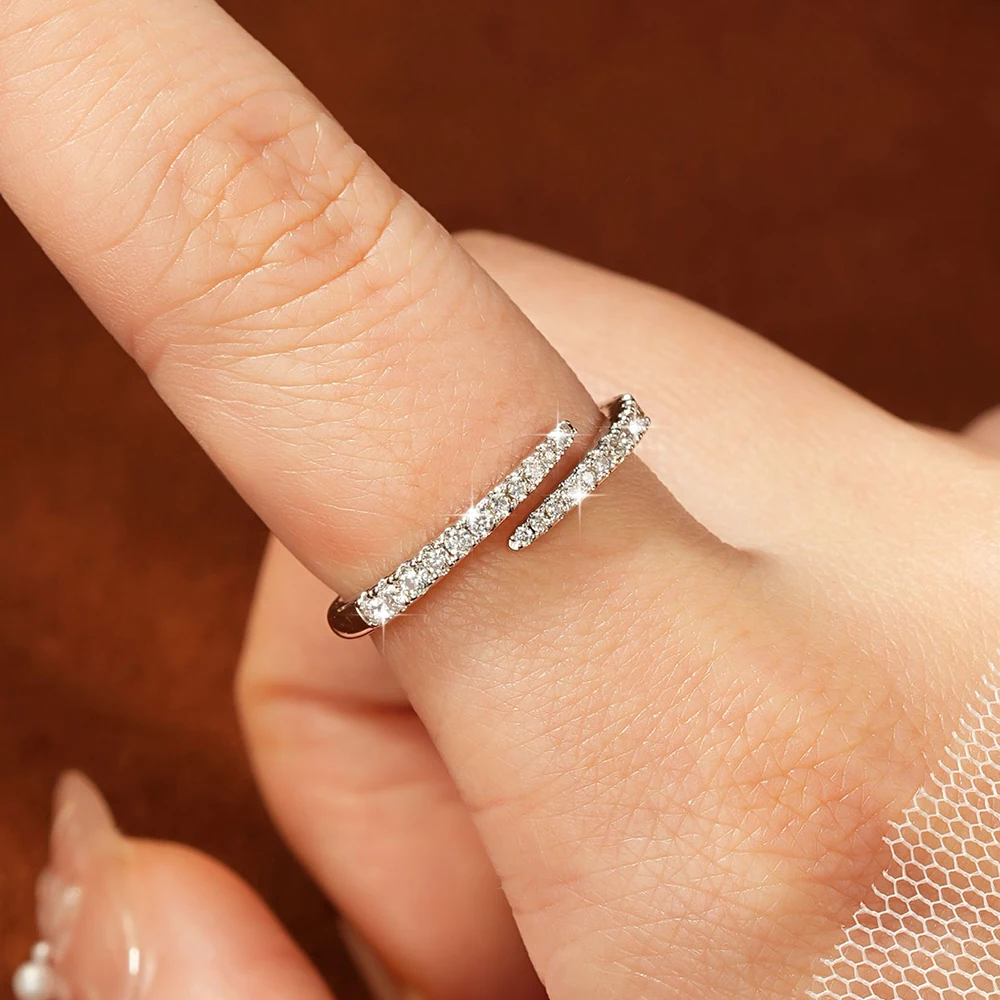 Lnngy Certified Moissanite Opening Ring for Women Girls Sparkling Lab Diamond Half Eternity Wedding Ring Adjustable Jewelry Gift