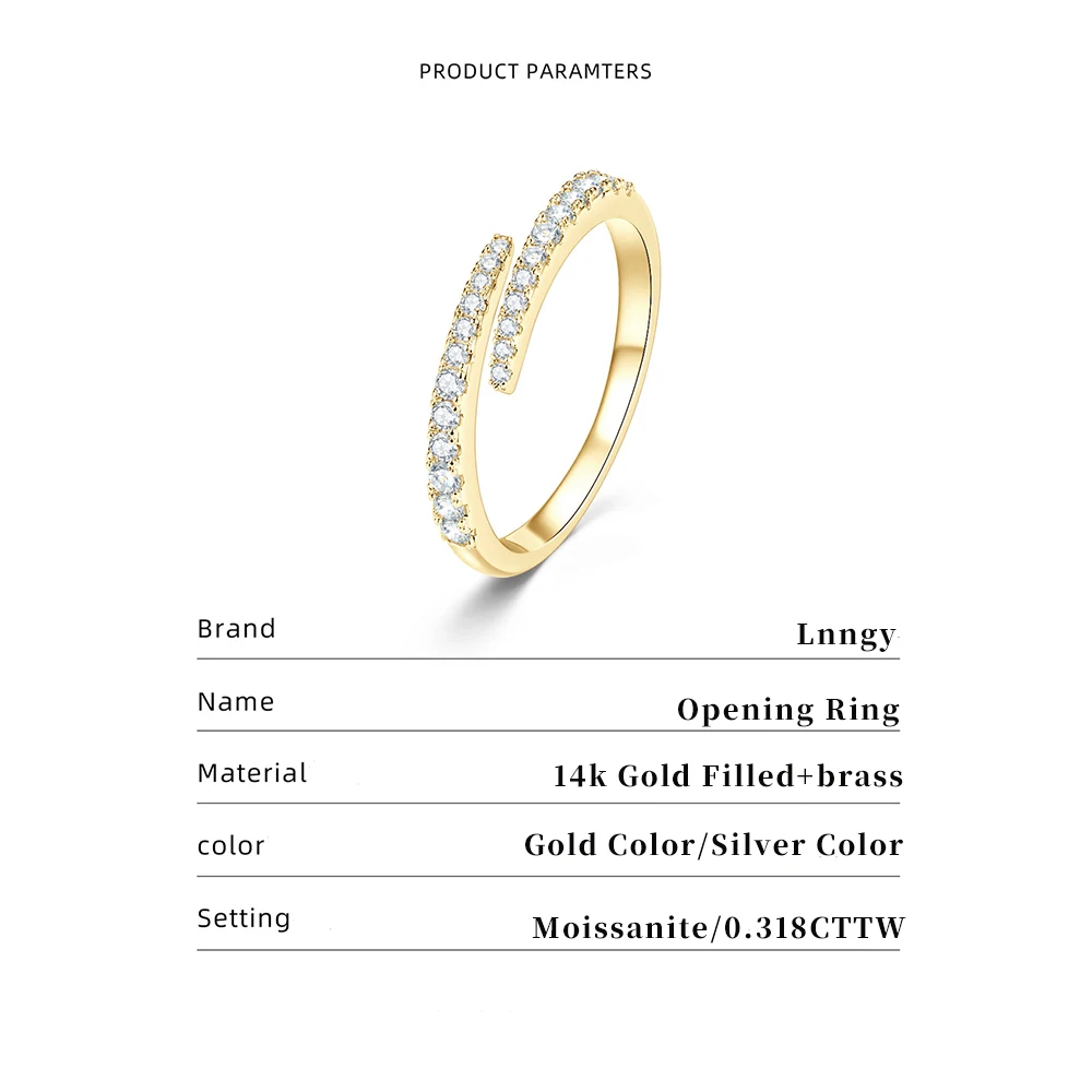 Lnngy Certified Moissanite Opening Ring for Women Girls Sparkling Lab Diamond Half Eternity Wedding Ring Adjustable Jewelry Gift