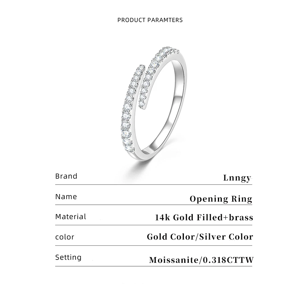 Lnngy Certified Moissanite Opening Ring for Women Girls Sparkling Lab Diamond Half Eternity Wedding Ring Adjustable Jewelry Gift