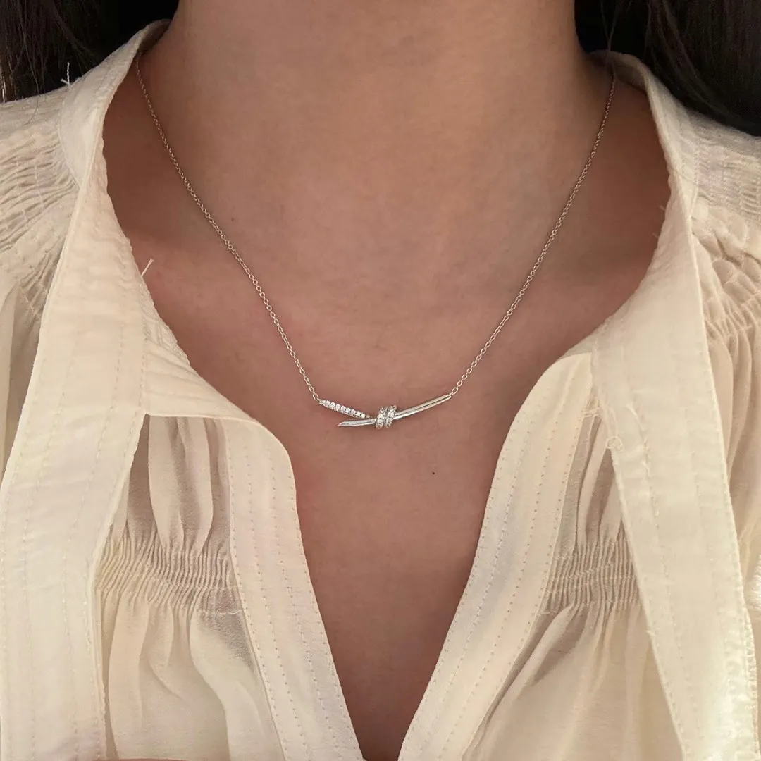 Electroplated 18K Gold Knot with Diamond Necklace for Women, High-End Jewelry Gift