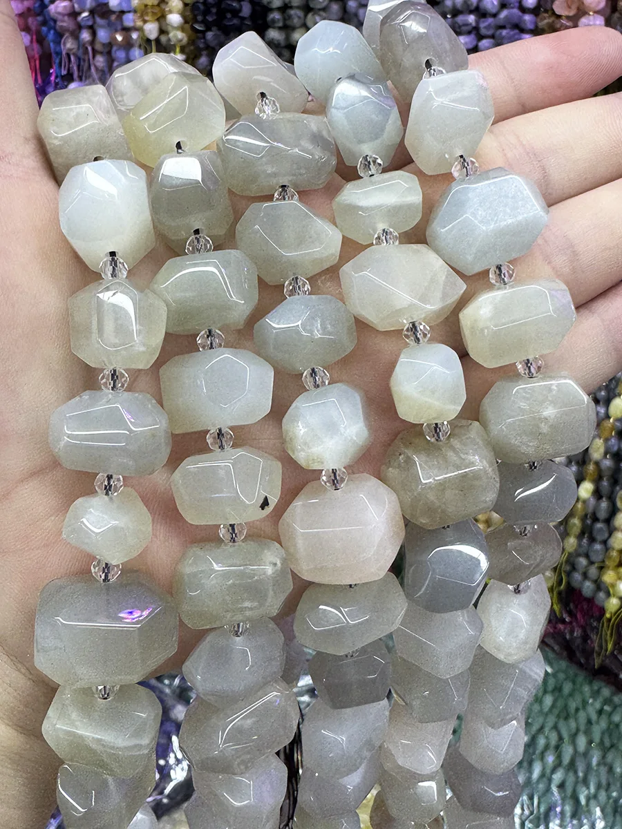 Natural White Moonlight Stone Handmade Lrregular Green Garnet Faceted Loose For Jewelry Making DIY Necklace Bracelet 15''13-18mm