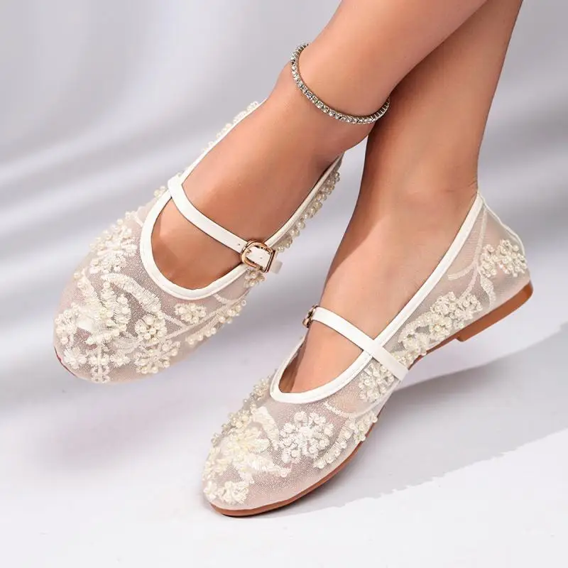 Luxury Pearl Flower Beige Black Ballet Flats Women Summer 2026 Breathable Lace Buckle Decorat Mary Jane Shoes Woman's Soft Pumps