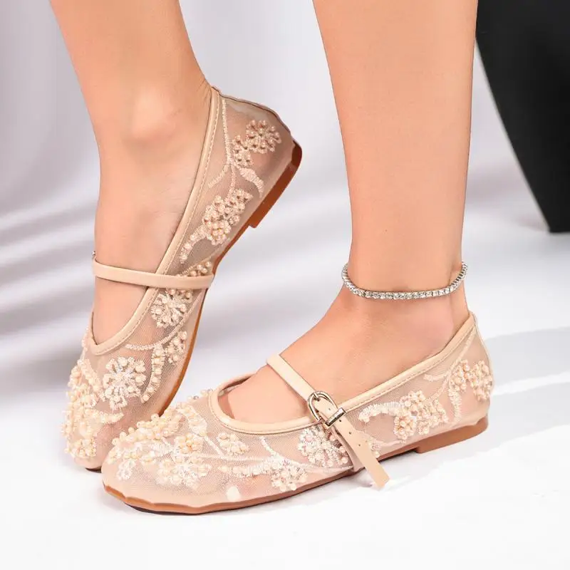 Luxury Pearl Flower Beige Black Ballet Flats Women Summer 2026 Breathable Lace Buckle Decorat Mary Jane Shoes Woman's Soft Pumps