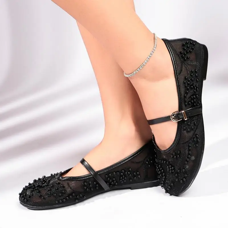 Luxury Pearl Flower Beige Black Ballet Flats Women Summer 2026 Breathable Lace Buckle Decorat Mary Jane Shoes Woman's Soft Pumps