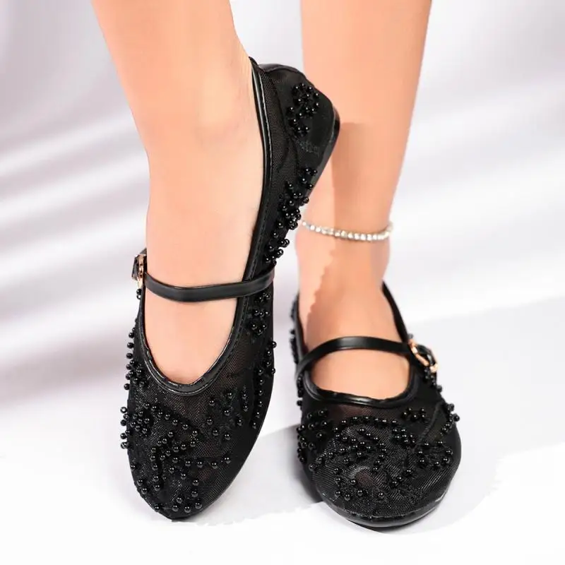Luxury Pearl Flower Beige Black Ballet Flats Women Summer 2026 Breathable Lace Buckle Decorat Mary Jane Shoes Woman's Soft Pumps