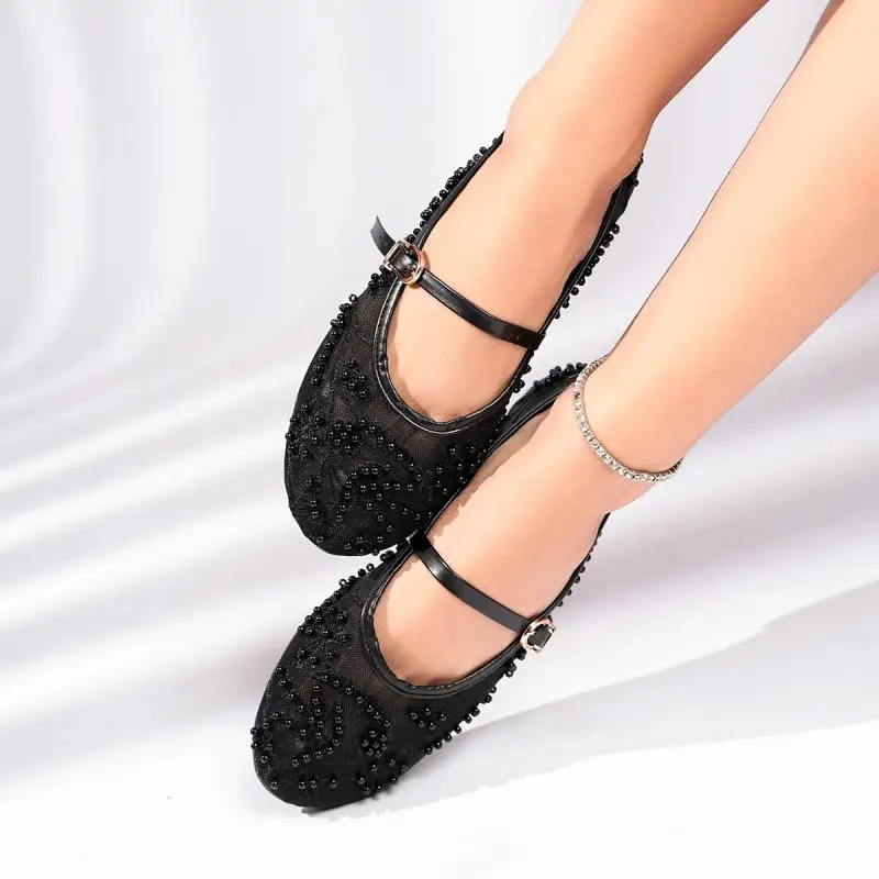 Luxury Pearl Flower Beige Black Ballet Flats Women Summer 2026 Breathable Lace Buckle Decorat Mary Jane Shoes Woman's Soft Pumps