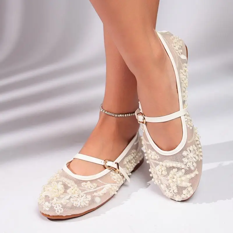 Luxury Pearl Flower Beige Black Ballet Flats Women Summer 2026 Breathable Lace Buckle Decorat Mary Jane Shoes Woman's Soft Pumps
