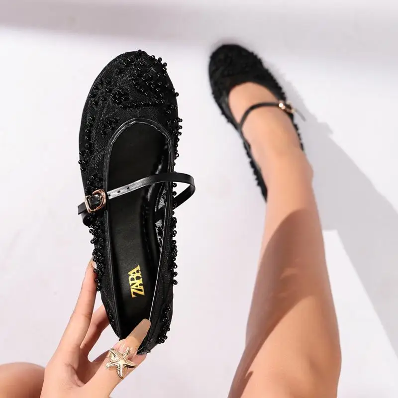 Luxury Pearl Flower Beige Black Ballet Flats Women Summer 2026 Breathable Lace Buckle Decorat Mary Jane Shoes Woman's Soft Pumps