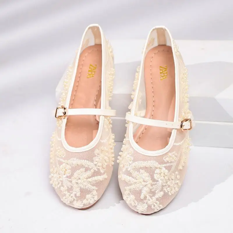 Luxury Pearl Flower Beige Black Ballet Flats Women Summer 2026 Breathable Lace Buckle Decorat Mary Jane Shoes Woman's Soft Pumps