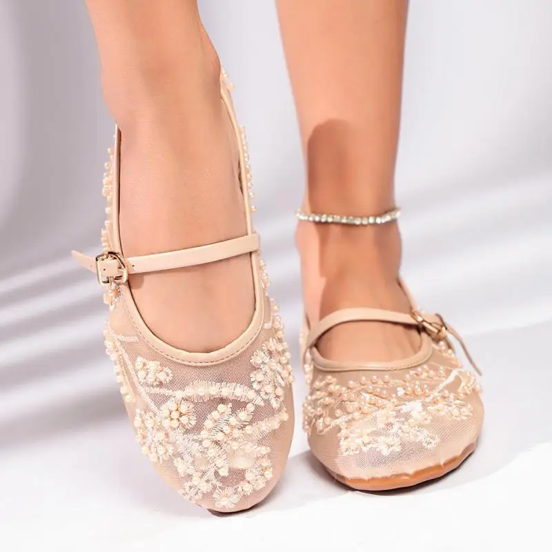 Luxury Pearl Flower Beige Black Ballet Flats Women Summer 2026 Breathable Lace Buckle Decorat Mary Jane Shoes Woman's Soft Pumps