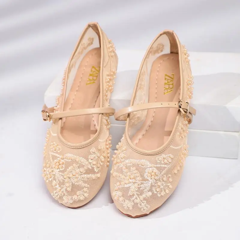 Luxury Pearl Flower Beige Black Ballet Flats Women Summer 2026 Breathable Lace Buckle Decorat Mary Jane Shoes Woman's Soft Pumps