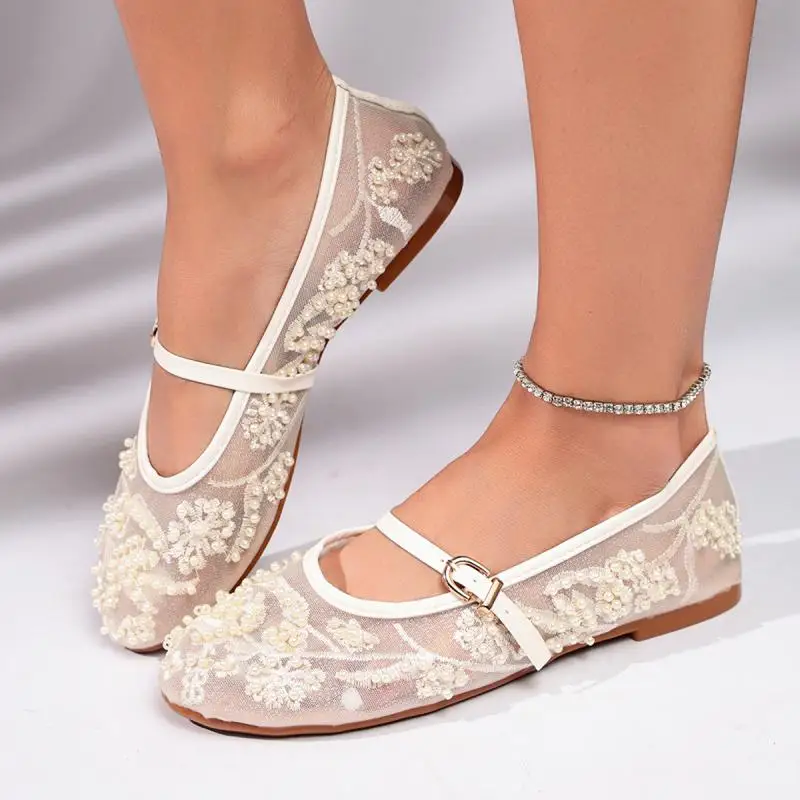 Luxury Pearl Flower Beige Black Ballet Flats Women Summer 2026 Breathable Lace Buckle Decorat Mary Jane Shoes Woman's Soft Pumps