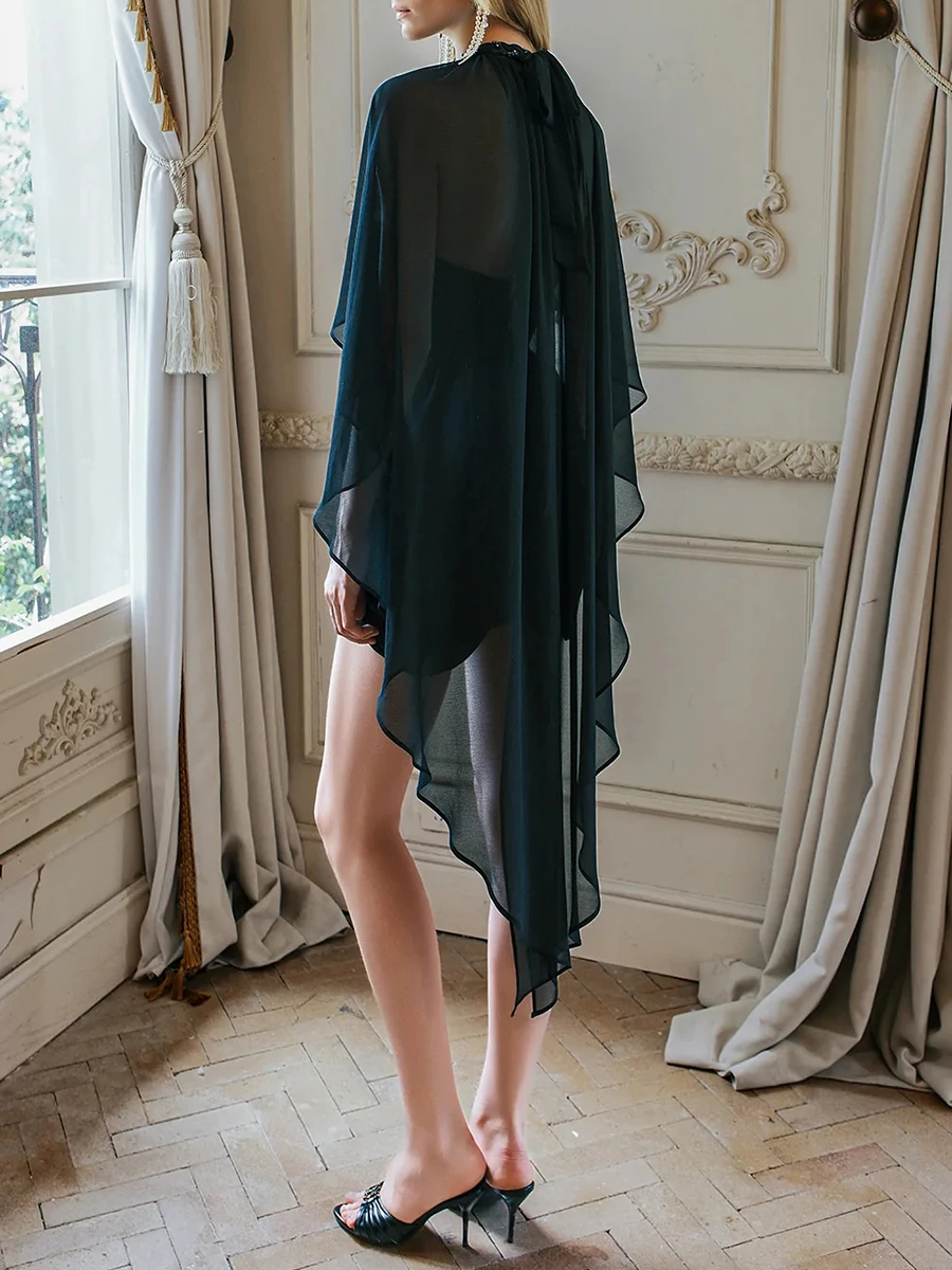 TWOTWINSTYLE Fashion Hollow Out Dresses for Women O Neck Cloak Sleeve High Waist Slimming Solid Mini Dress Female Fashion 2026