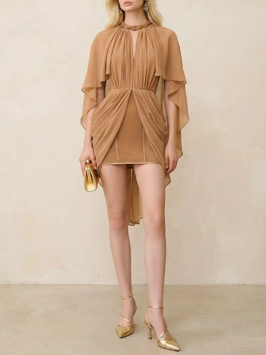 TWOTWINSTYLE Fashion Hollow Out Dresses for Women O Neck Cloak Sleeve High Waist Slimming Solid Mini Dress Female Fashion 2026