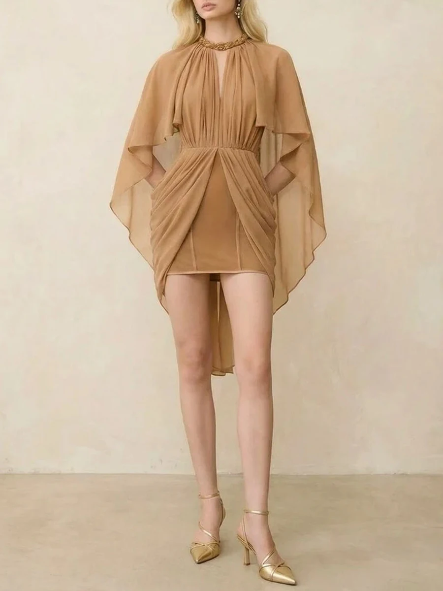TWOTWINSTYLE Fashion Hollow Out Dresses for Women O Neck Cloak Sleeve High Waist Slimming Solid Mini Dress Female Fashion 2026
