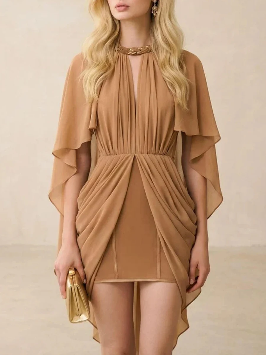TWOTWINSTYLE Fashion Hollow Out Dresses for Women O Neck Cloak Sleeve High Waist Slimming Solid Mini Dress Female Fashion 2026