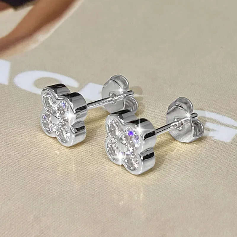 Lnngy Certified Moissanite Flower Earring With Certificate For Women Korean INS Four Leaf Flowers Stud Earrings Daily Jewelry